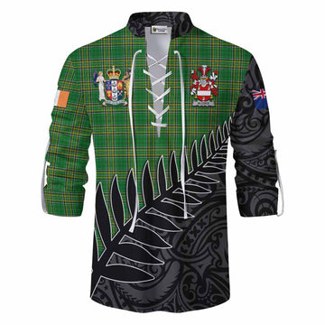 Alcock Irish Clan Tartan Ghillie Kilt Shirt with Coat of Arms New Zealand Silver Fern Half Style