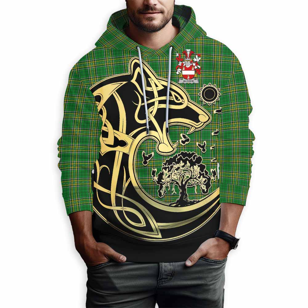 Tartan Vibes Clothing Alcock Irish Tartan Hoodie with Coat of Arms Celtic Wolf Style