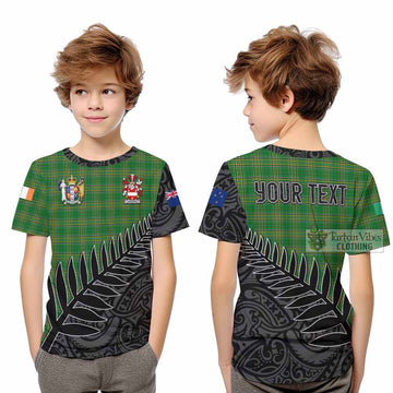 Alcock Irish Clan Tartan Kid T-Shirt with Coat of Arms New Zealand Silver Fern Half Style