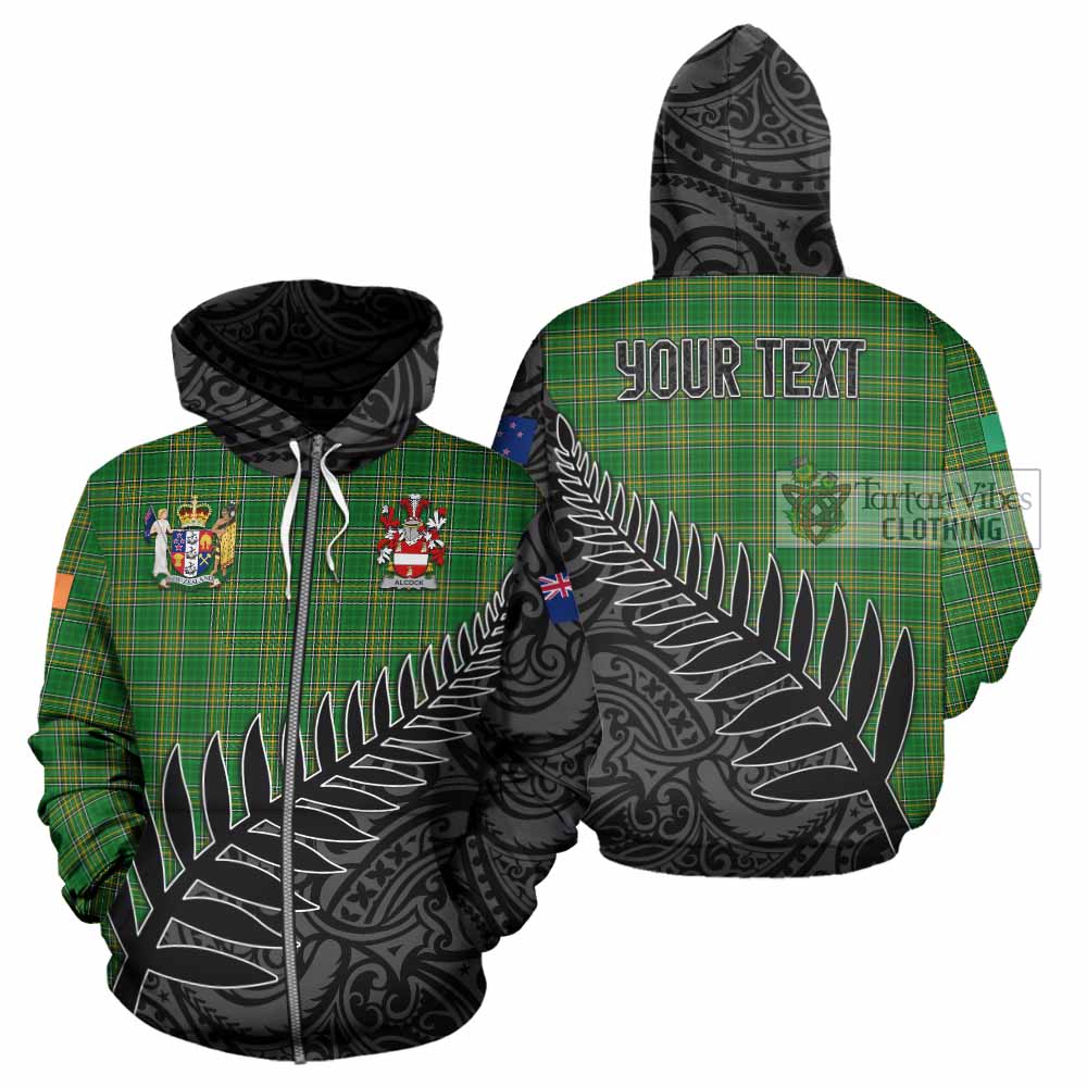 Tartan Vibes Clothing Alcock Irish Clan Tartan Hoodie with Coat of Arms New Zealand Silver Fern Half Style