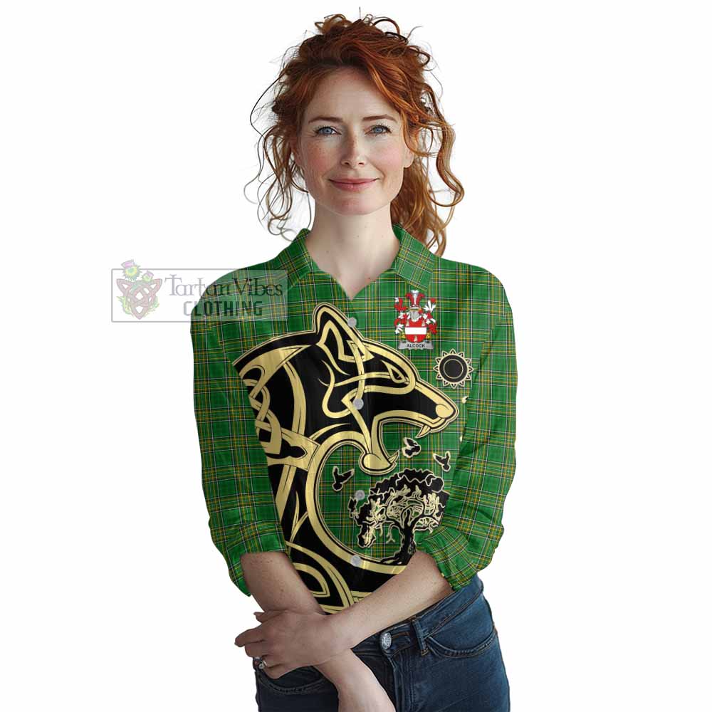 Tartan Vibes Clothing Alcock Irish Tartan Women's Casual Shirt with Coat of Arms Celtic Wolf Style