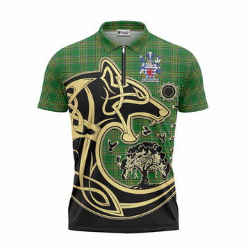 Aldborough Irish Tartan Zipper Polo Shirt with Coat of Arms Celtic Wolf Style