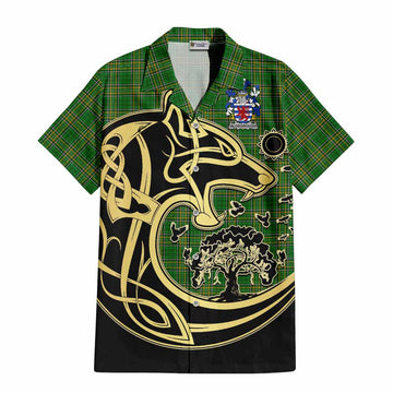 Aldborough Irish Tartan Short Sleeve Button Shirt with Coat of Arms Celtic Wolf Style