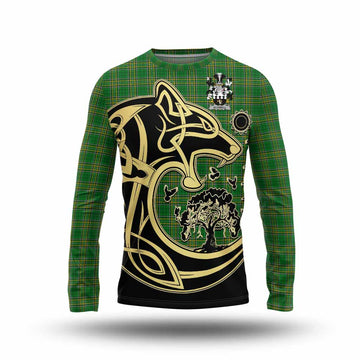 Aldwell Irish Tartan Long Sleeve T-Shirt with Coat of Arms Celtic Wolf Style