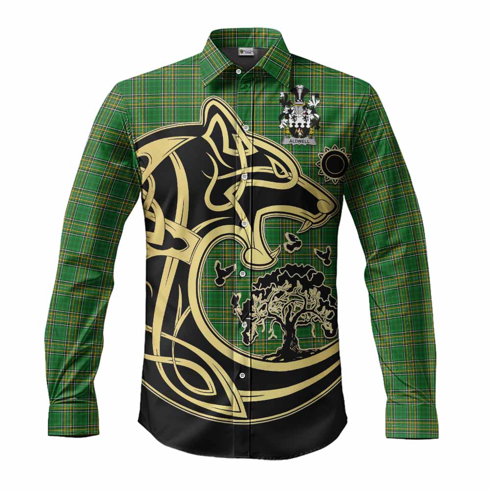 Tartan Vibes Clothing Aldwell Irish Tartan Long Sleeve Button Shirt with Coat of Arms Celtic Wolf Style