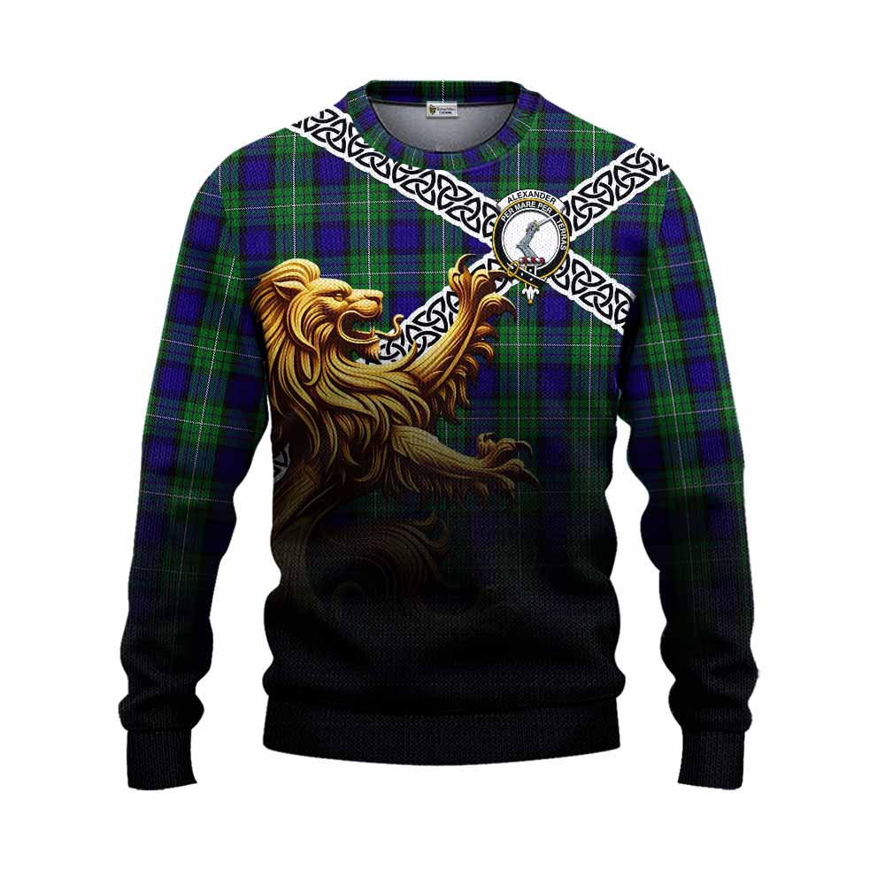 Alexander Crest Tartan Knitted Sweater with Golden Lion Emblem Celtic Style Unisex - Tartan Vibes Clothing