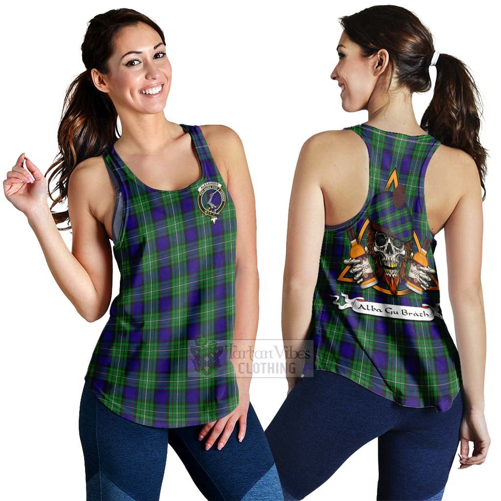 Tartan Vibes Clothing Alexander Tartan Women's Racerback Tanks with Family Crest and Bearded Skull Holding Bottles of Whiskey