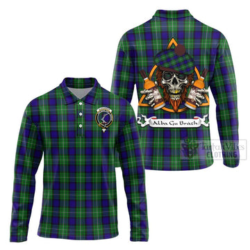 Alexander Tartan Long Sleeve Polo Shirt with Family Crest and Bearded Skull Holding Bottles of Whiskey Unisex - Tartan Vibes Clothing