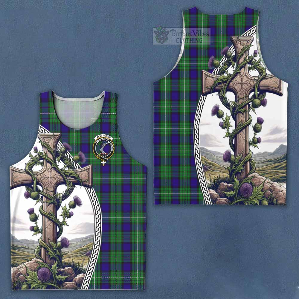 Tartan Vibes Clothing Alexander Tartan Men's Tank Top with Family Crest and St. Andrew's Cross Accented by Thistle Vines