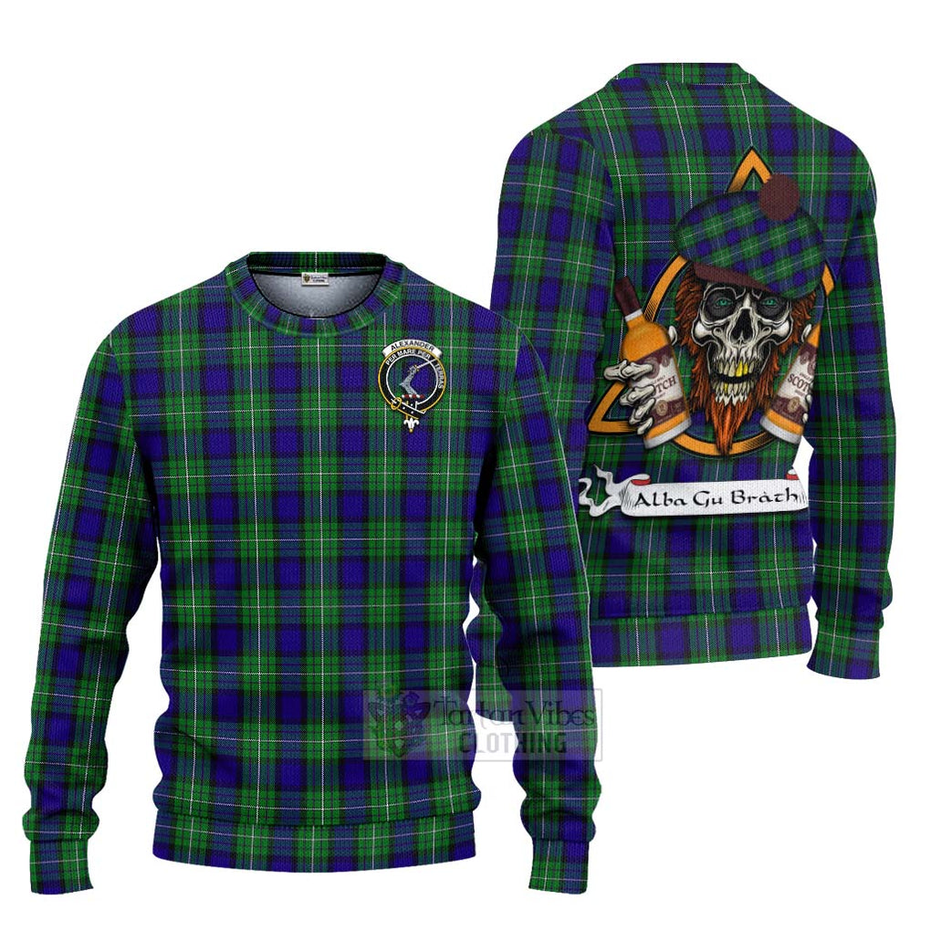 Tartan Vibes Clothing Alexander Tartan Knitted Sweater with Family Crest and Bearded Skull Holding Bottles of Whiskey