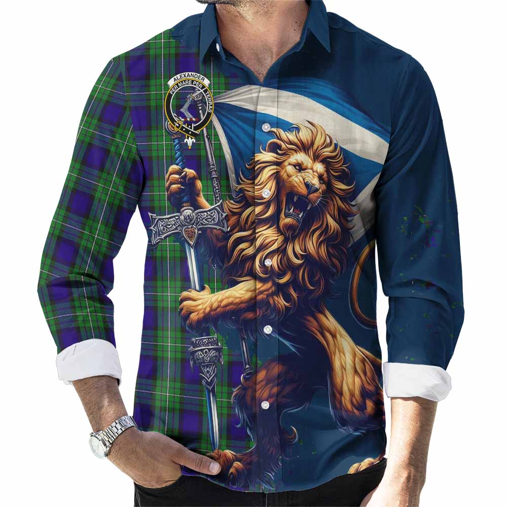 Tartan Vibes Clothing Alexander Tartan Family Crest Long Sleeve Button Shirt with Scottish Majestic Lion