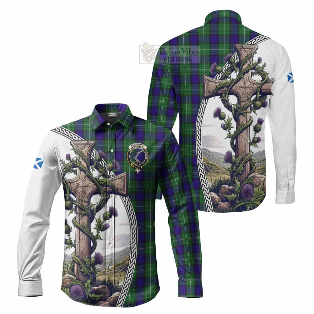 Tartan Vibes Clothing Alexander Tartan Long Sleeve Button Shirt with Family Crest and St. Andrew's Cross Accented by Thistle Vines