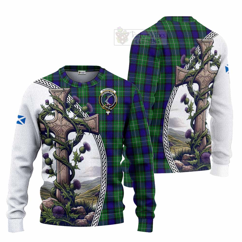 Tartan Vibes Clothing Alexander Tartan Knitted Sweater with Family Crest and St. Andrew's Cross Accented by Thistle Vines