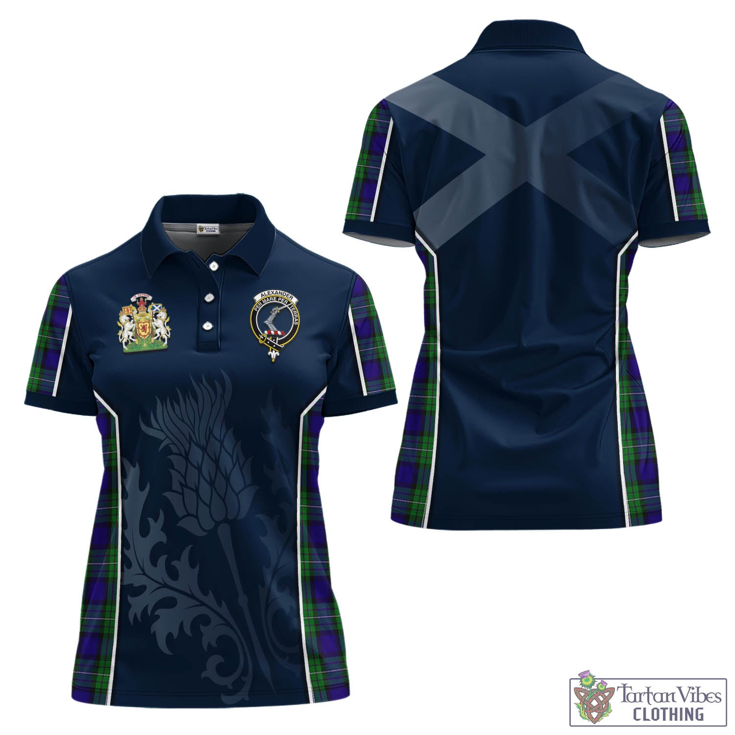 Tartan Vibes Clothing Alexander Tartan Women's Polo Shirt with Family Crest and Scottish Thistle Vibes Sport Style