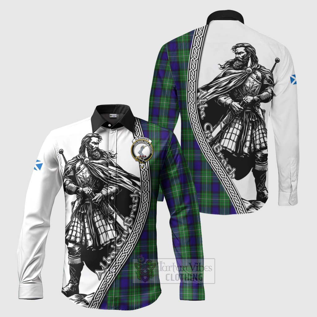 Tartan Vibes Clothing Alexander Tartan Clan Crest Long Sleeve Button Shirt with Highlander Warrior Celtic Style