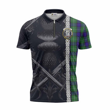 Alexander Tartan Zipper Polo Shirt with Family Crest Cross Sword Thistle Celtic Vibes Unisex - Tartan Vibes Clothing