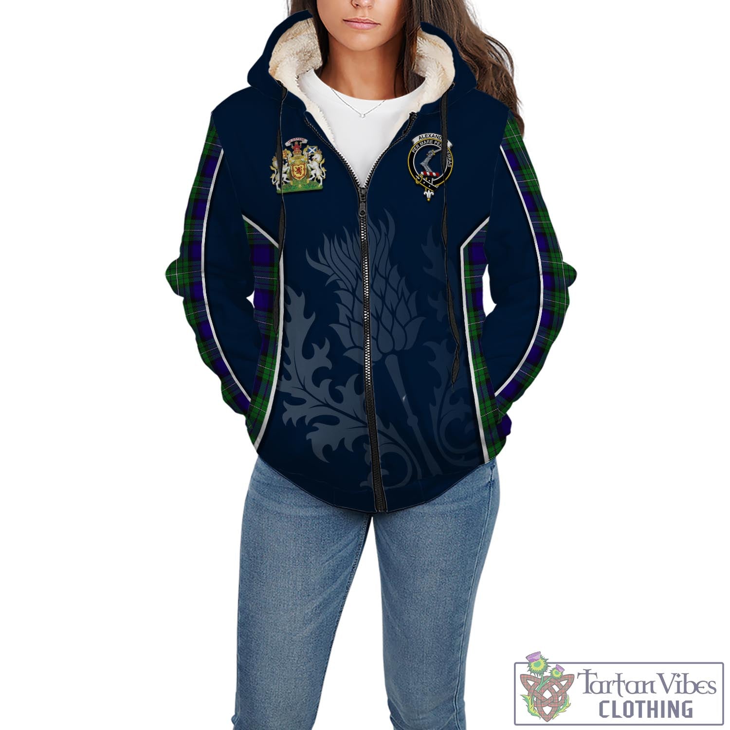 Tartan Vibes Clothing Alexander Tartan Sherpa Hoodie with Family Crest and Scottish Thistle Vibes Sport Style