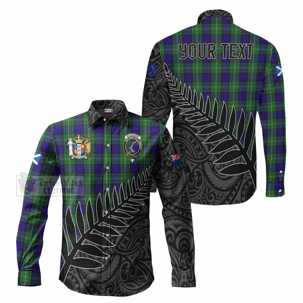 Tartan Vibes Clothing Alexander Crest Tartan Long Sleeve Button Shirt with New Zealand Silver Fern Half Style