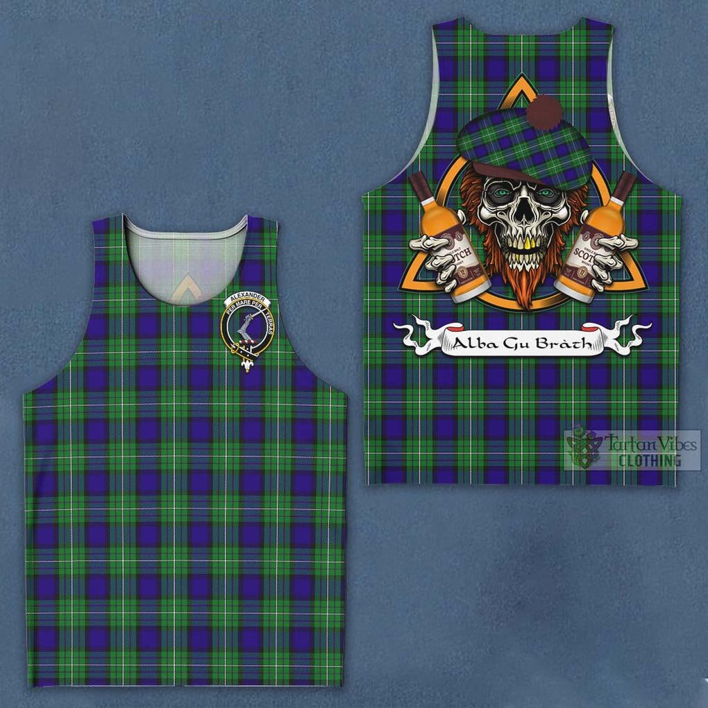 Tartan Vibes Clothing Alexander Tartan Men's Tank Top with Family Crest and Bearded Skull Holding Bottles of Whiskey