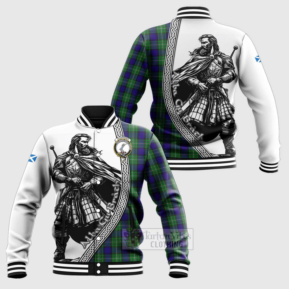 Alexander Tartan Clan Crest Baseball Jacket with Highlander Warrior Celtic Style Unisex - Tartan Vibes Clothing