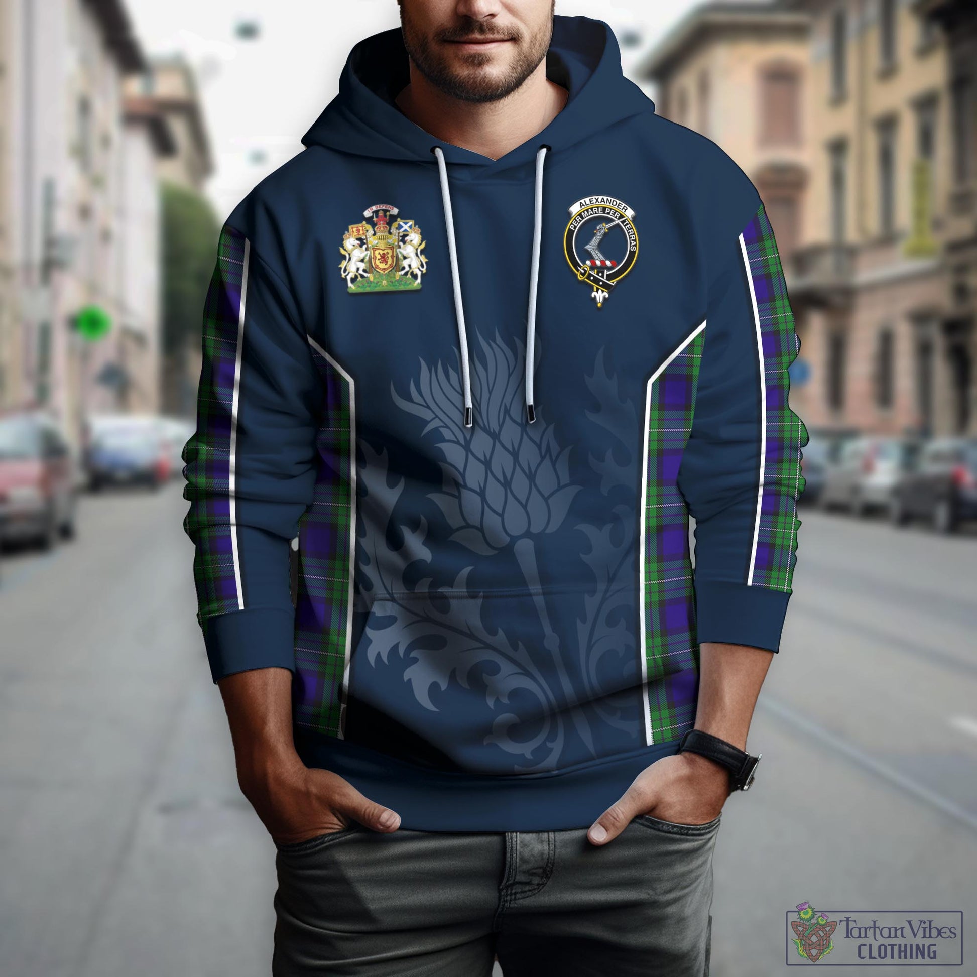 Tartan Vibes Clothing Alexander Tartan Hoodie with Family Crest and Scottish Thistle Vibes Sport Style