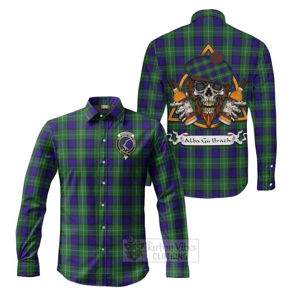 Tartan Vibes Clothing Alexander Tartan Long Sleeve Button Shirt with Family Crest and Bearded Skull Holding Bottles of Whiskey