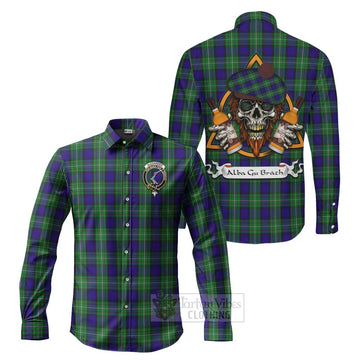 Alexander Tartan Long Sleeve Button Shirt with Family Crest and Bearded Skull Holding Bottles of Whiskey