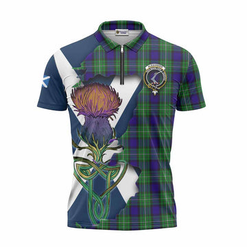 Alexander Tartan Family Crest Zipper Polo Shirt Scottish Thistle Celtic Inspired Unisex - Tartan Vibes Clothing
