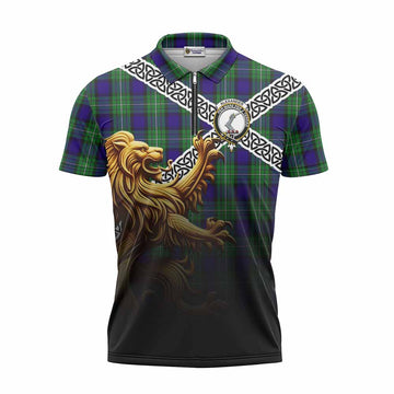 Alexander Crest Tartan Zipper Polo Shirt with Golden Lion Emblem Celtic Style Unisex - Tartan Vibes Clothing