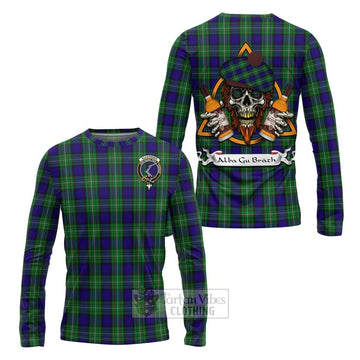 Alexander Tartan Long Sleeve T-Shirt with Family Crest and Bearded Skull Holding Bottles of Whiskey Unisex - Tartan Vibes Clothing
