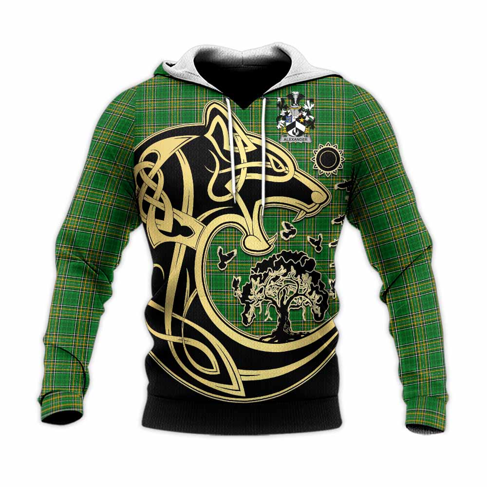 Tartan Vibes Clothing Alexander Irish Tartan Knitted Hoodie with Coat of Arms Celtic Wolf Style