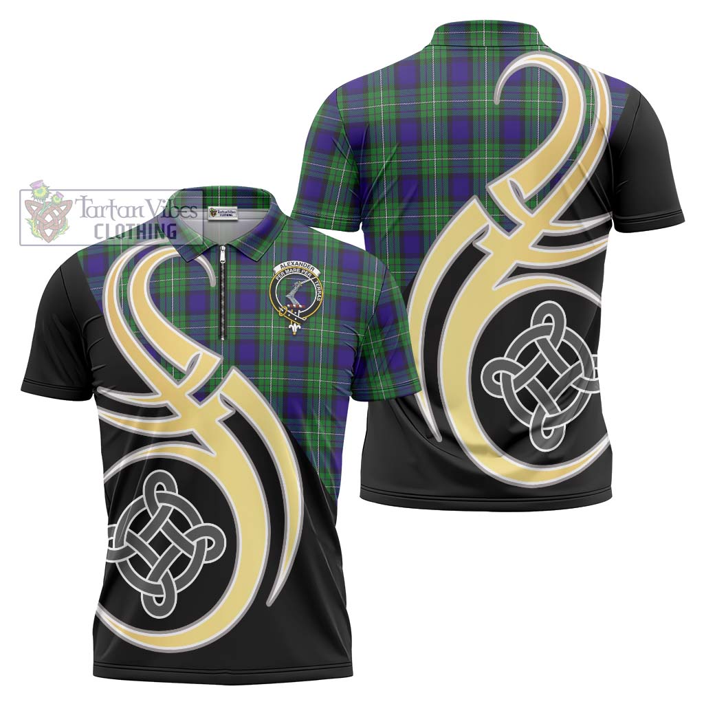 Tartan Vibes Clothing Alexander Tartan Zipper Polo Shirt with Family Crest and Celtic Symbol Style