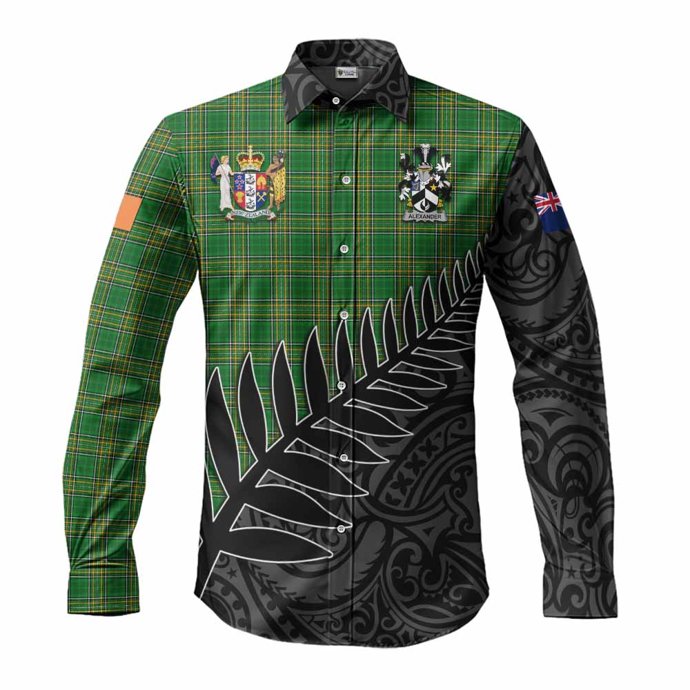 Tartan Vibes Clothing Alexander Irish Clan Tartan Long Sleeve Button Shirt with Coat of Arms New Zealand Silver Fern Half Style