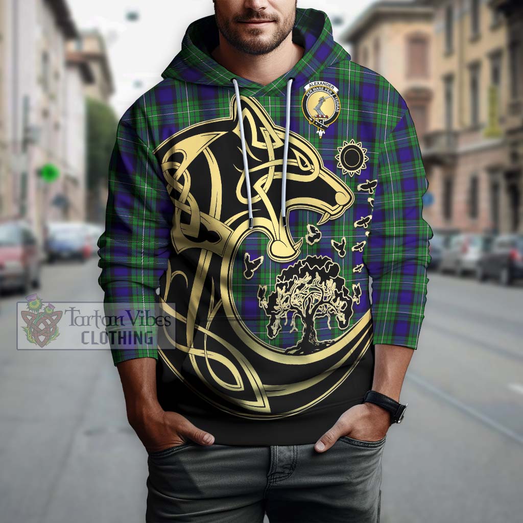 Tartan Vibes Clothing Alexander Tartan Hoodie with Family Crest Celtic Wolf Style
