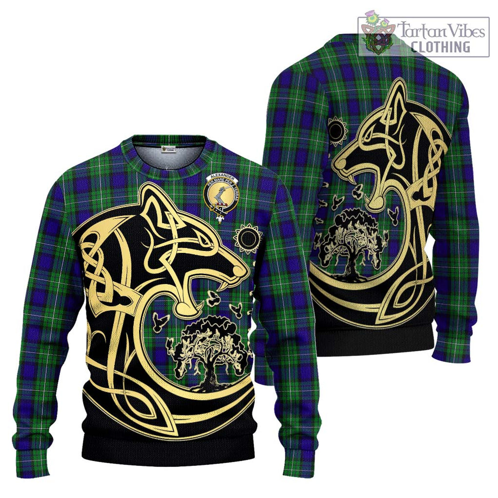 Alexander Tartan Knitted Sweater with Family Crest Celtic Wolf Style Unisex - Tartan Vibes Clothing