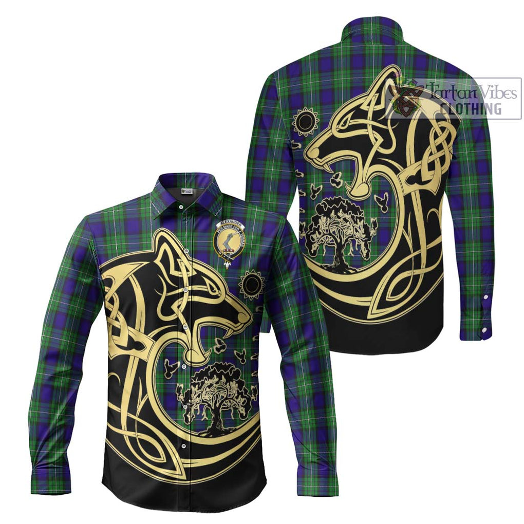 Alexander Tartan Long Sleeve Button Shirt with Family Crest Celtic Wolf Style Men's Shirt S - Tartan Vibes Clothing