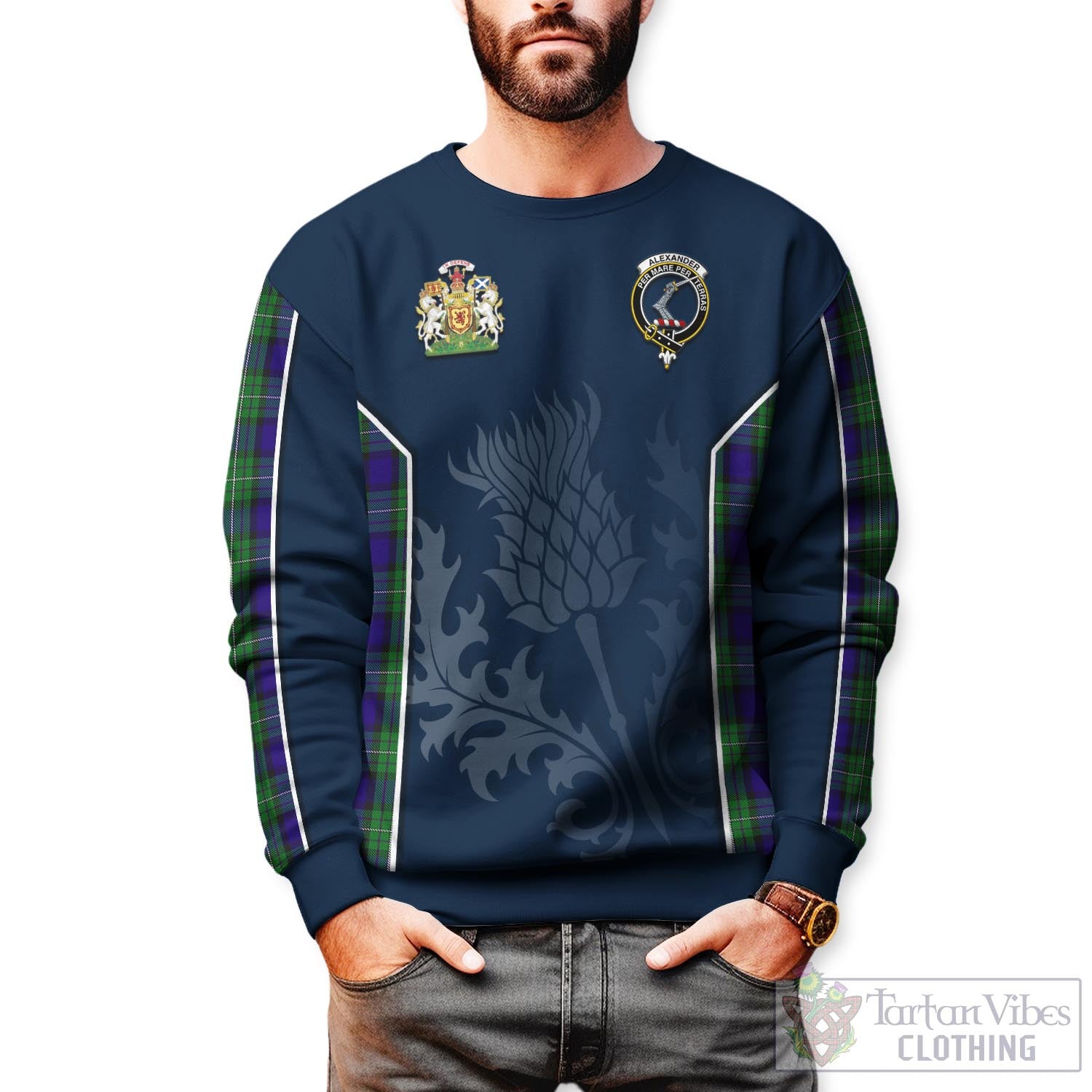 Tartan Vibes Clothing Alexander Tartan Sweatshirt with Family Crest and Scottish Thistle Vibes Sport Style