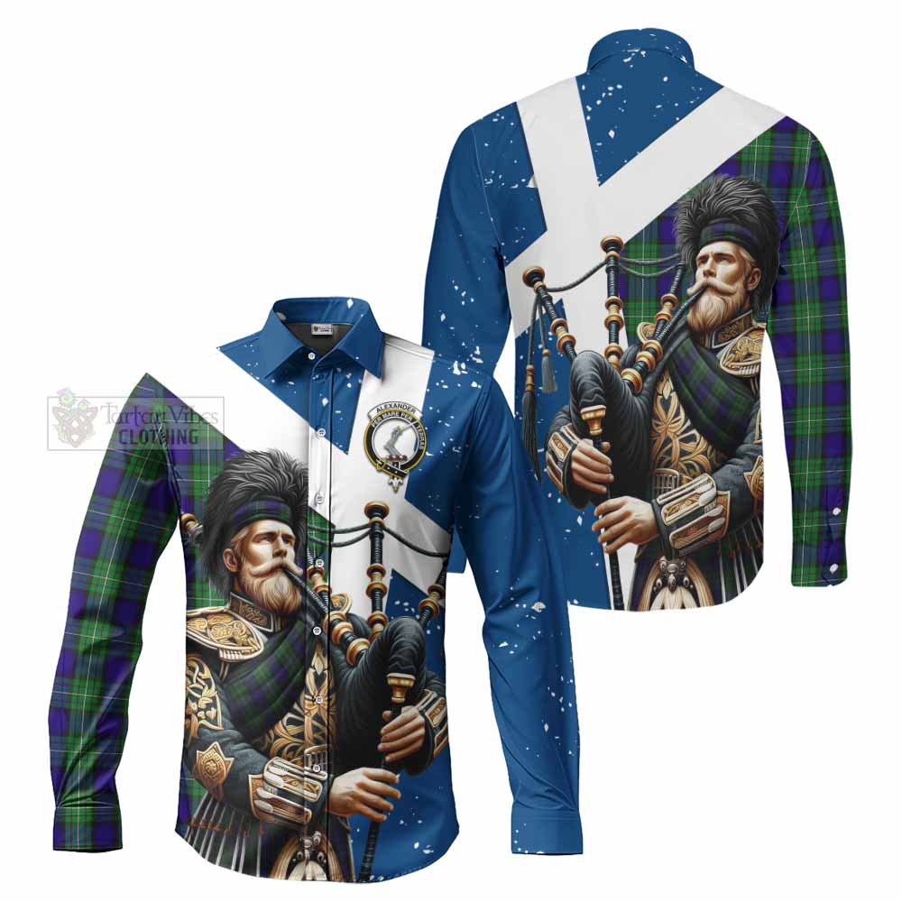 Tartan Vibes Clothing Alexander Tartan Long Sleeve Button Shirt with Family Crest Scottish Bagpiper Vibes