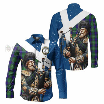 Alexander Tartan Long Sleeve Button Shirt with Family Crest Scottish Bagpiper Vibes