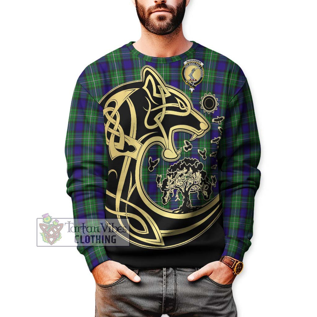 Alexander Tartan Sweatshirt with Family Crest Celtic Wolf Style Unisex - Tartan Vibes Clothing