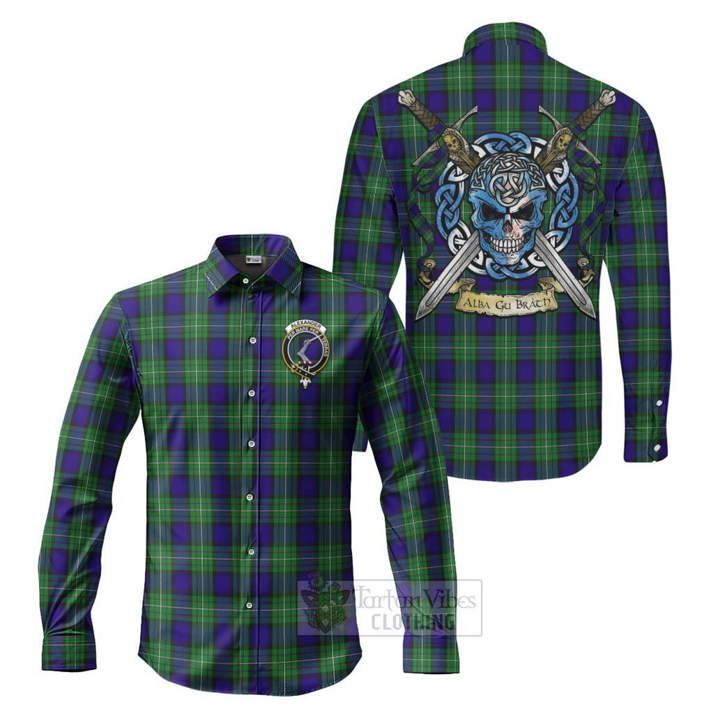 Tartan Vibes Clothing Alexander Tartan Long Sleeve Button Shirt with Family Crest Celtic Skull Style