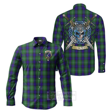 Alexander Tartan Long Sleeve Button Shirt with Family Crest Celtic Skull Style