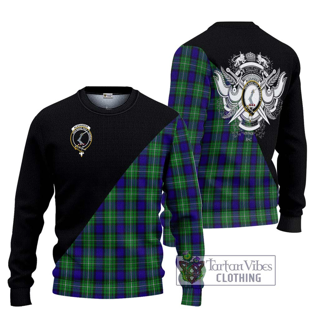 Alexander Tartan Knitted Sweater with Family Crest and Military Logo Style Unisex - Tartanvibesclothing Shop