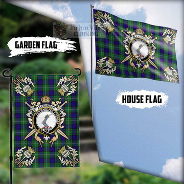 Alexander Tartan Flag with Family Crest and Golden Thistle Crossed Sword Design