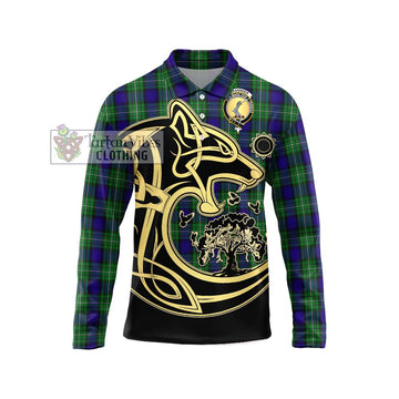 Alexander Tartan Long Sleeve Polo Shirt with Family Crest Celtic Wolf Style Unisex - Tartan Vibes Clothing