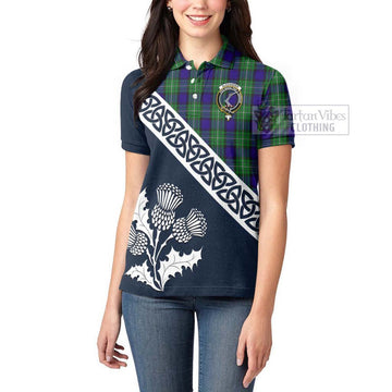 Alexander Tartan Women's Polo Shirt Featuring Thistle and Scotland Map