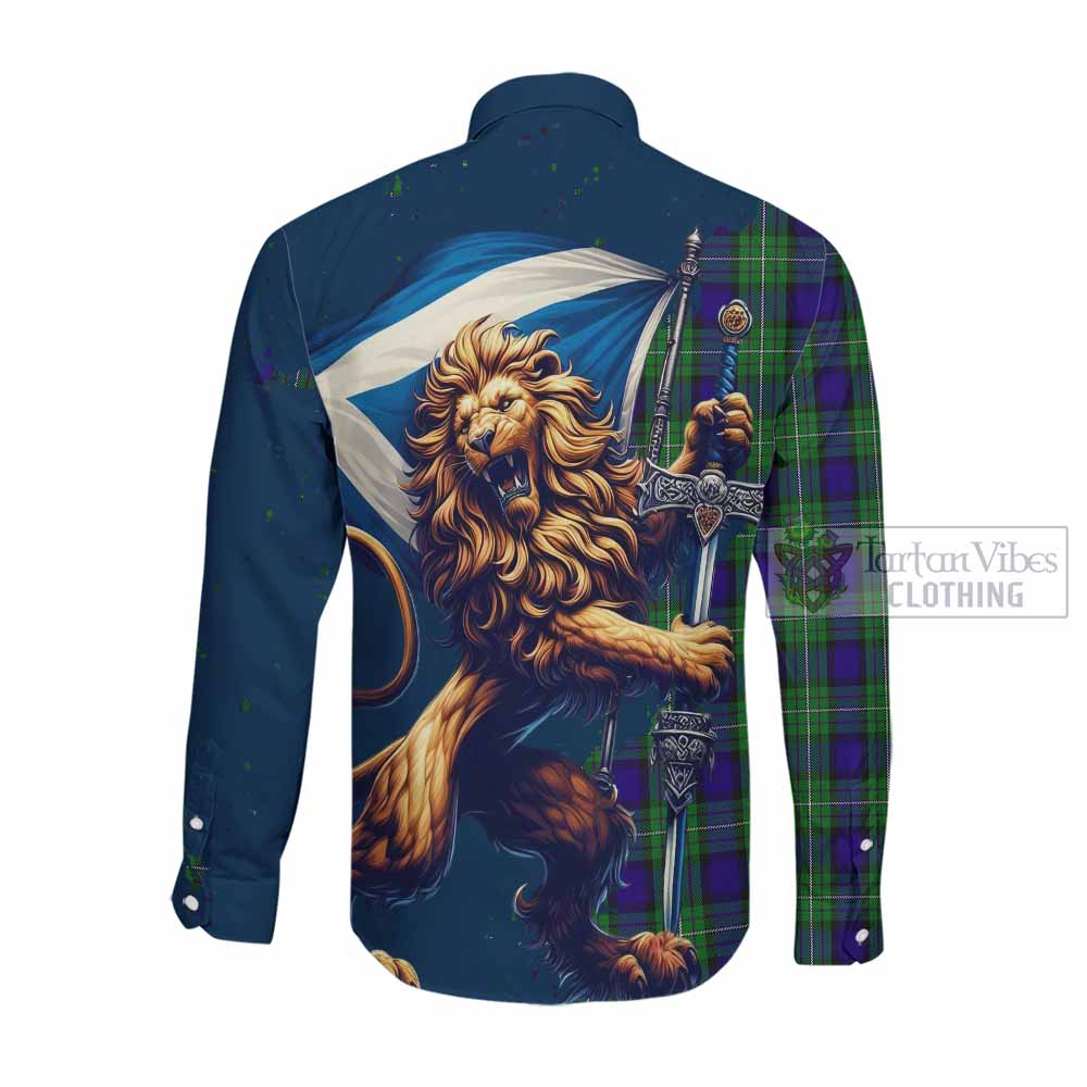 Tartan Vibes Clothing Alexander Tartan Family Crest Long Sleeve Button Shirt with Scottish Majestic Lion