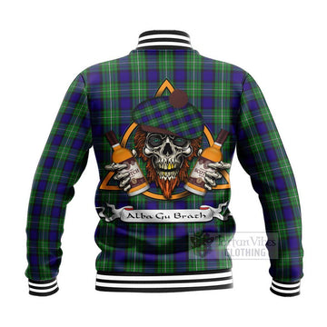 Alexander Tartan Baseball Jacket with Family Crest and Bearded Skull Holding Bottles of Whiskey - Tartan Vibes Clothing