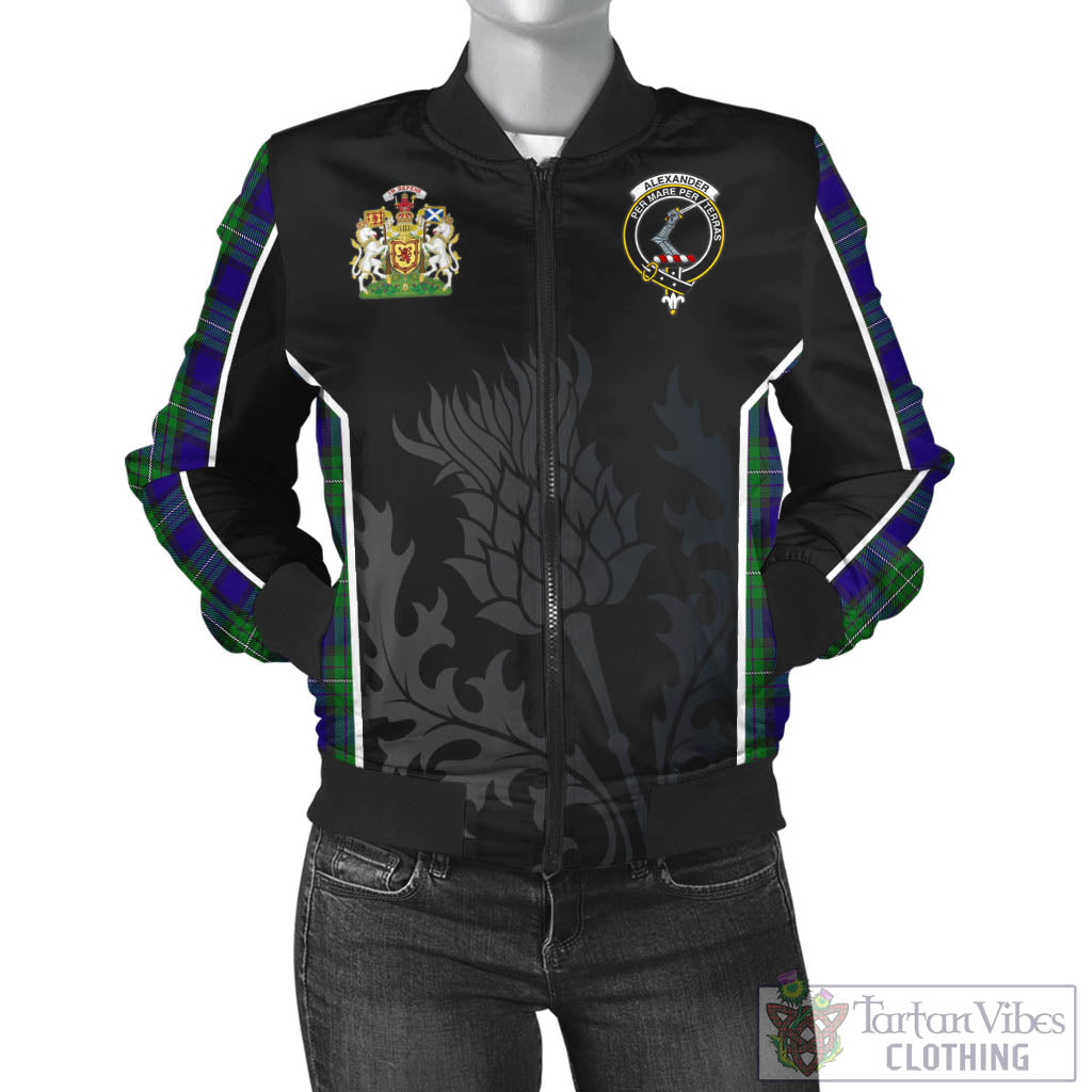 Alexander Tartan Bomber Jacket with Family Crest and Scottish Thistle Vibes Sport Style - Tartan Vibes Clothing