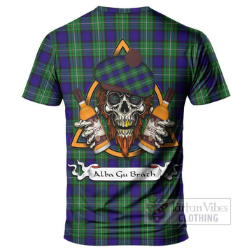 Alexander Tartan T-Shirt with Family Crest and Bearded Skull Holding Bottles of Whiskey - Tartan Vibes Clothing